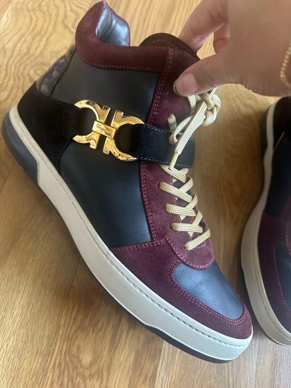Salvatore Ferragamo Men’s High-Top Sneakers in Burgundy, Black and Gold